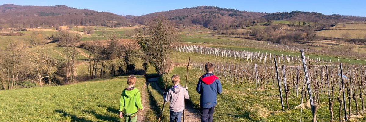 Wandernde Kinder mit Hund