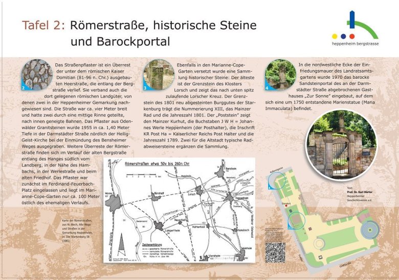Infotafel Römerstraße, historische Steine und Barockportal