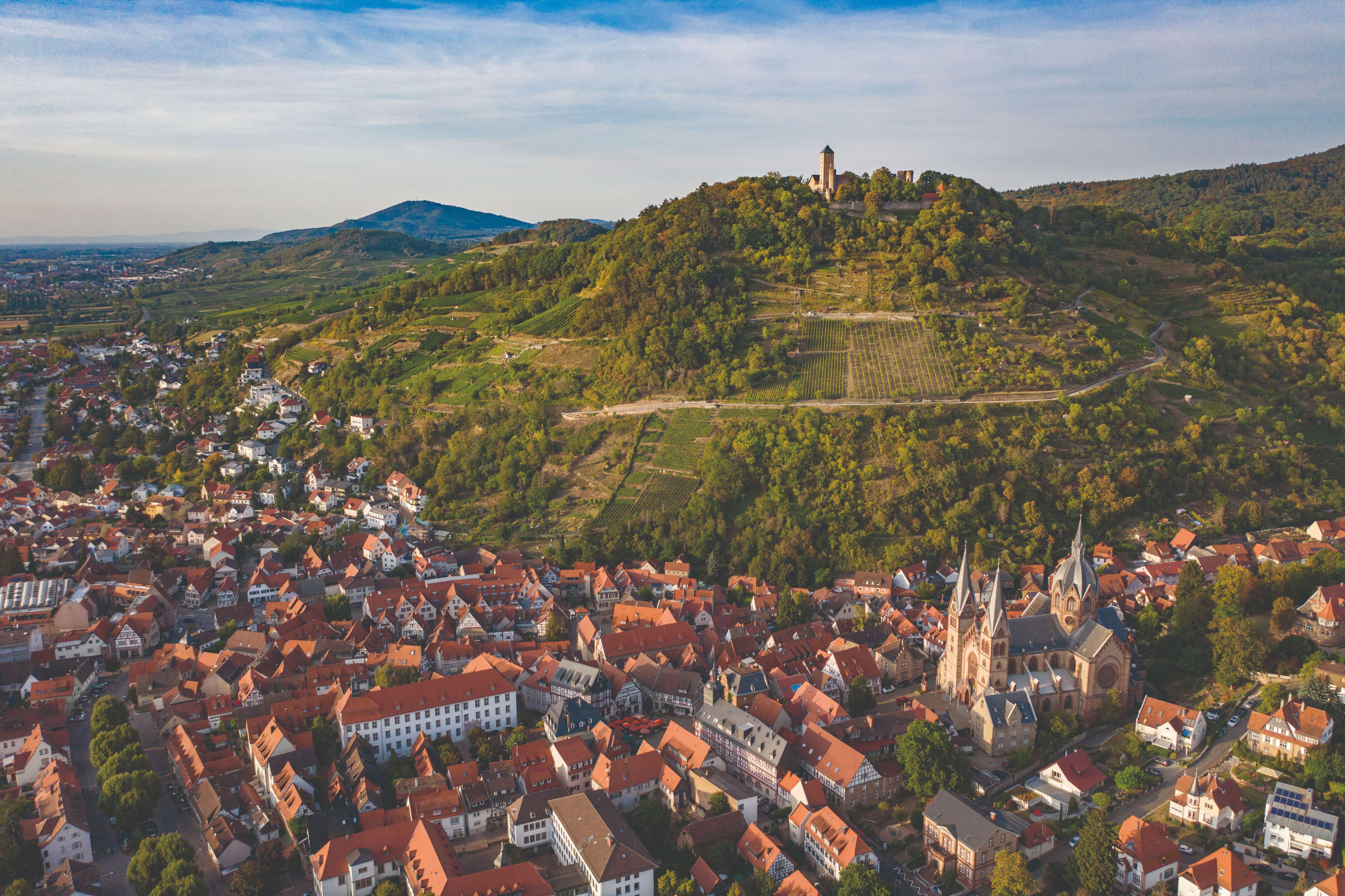 Panorama Bild Heppenheims mit Starkenburg im Hintergrund