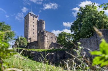 Seitenansicht der Starkenburg. Zu sehen sind Hauptturm, Wehrturm und Burgmauer sowie ein Baum rechter Hand.