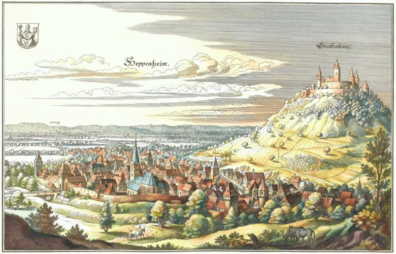 Merianstich von Heppenheim im 17. Jahrhundert Der Merianstich zeigt Heppenheim zu Beginn des 17. Jahrhunderts.