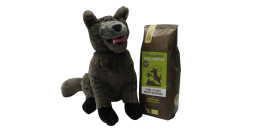 Serie Melampus Stofftier-Hund Melampus und Kaffeverpackung