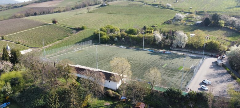 Sportplatz Galgen Sportplatz Luftaufnahme inmitten der grünen Weinberge
