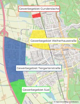 Karte mit Einzeichnung der Gewerbegebiete in Heppenheim